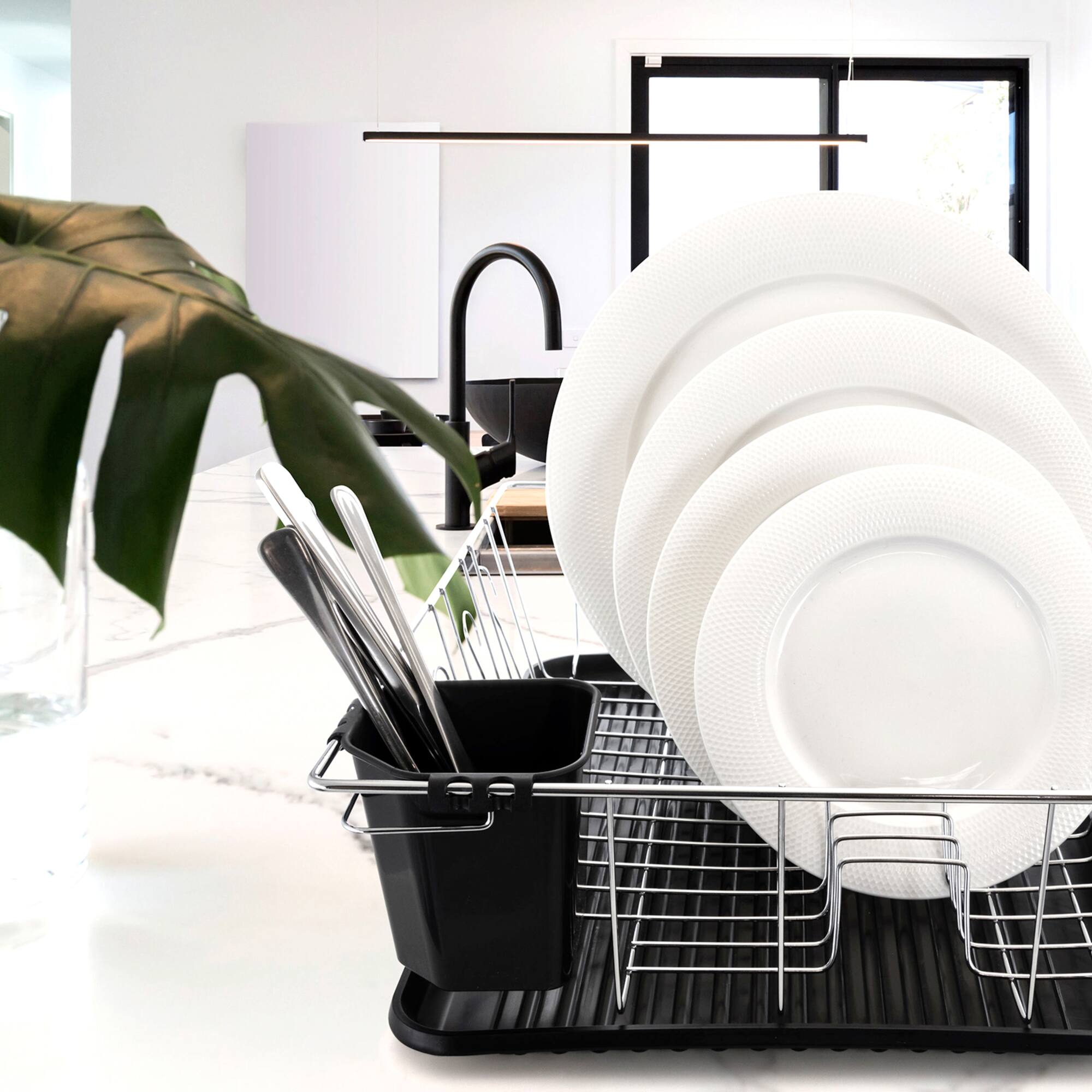 MegaChef 16" Chrome-Plated Black Plastic Countertop Drying Dish Rack